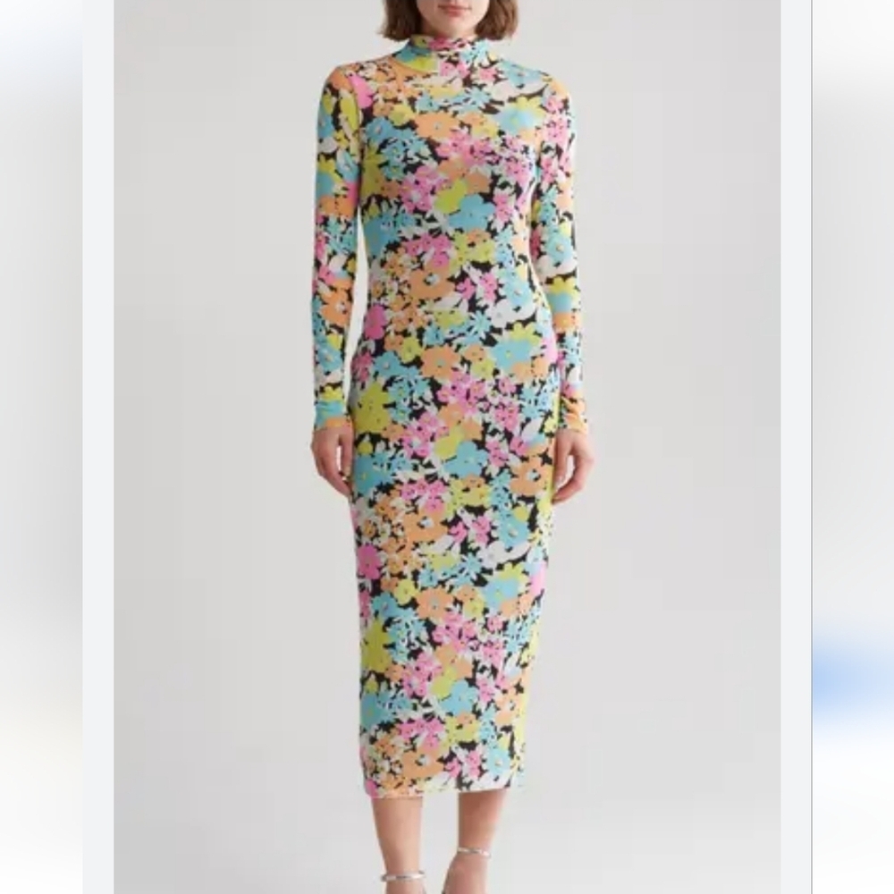 NWT AFRM Shailene Floral Turtleneck Long Sleeve Mesh Dress In Sky Floral Size M